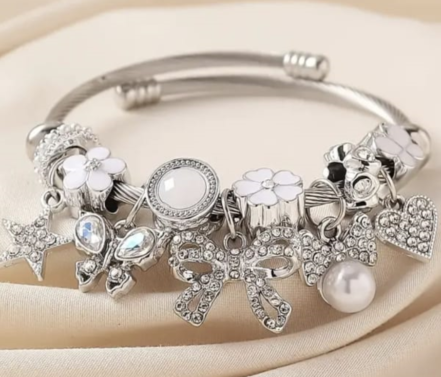 Pulsera plateada con dijes femeninos