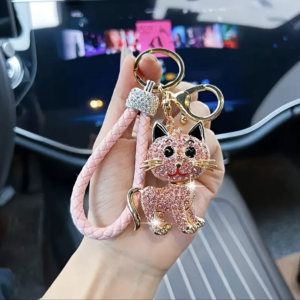 Colgante de bolso o Llavero de gato con incrustaciones de piedras en color rosa