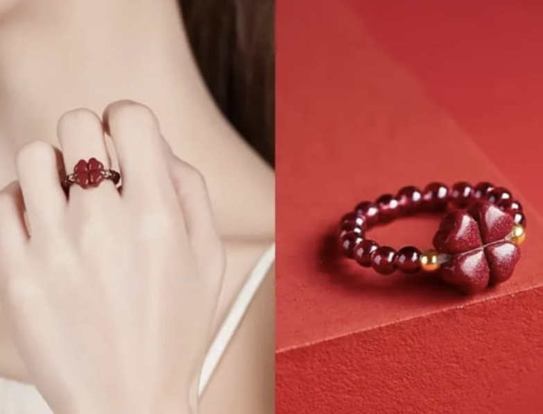 Anillo ajustable de trébol rojo de madera para la suerte - Imagen 2